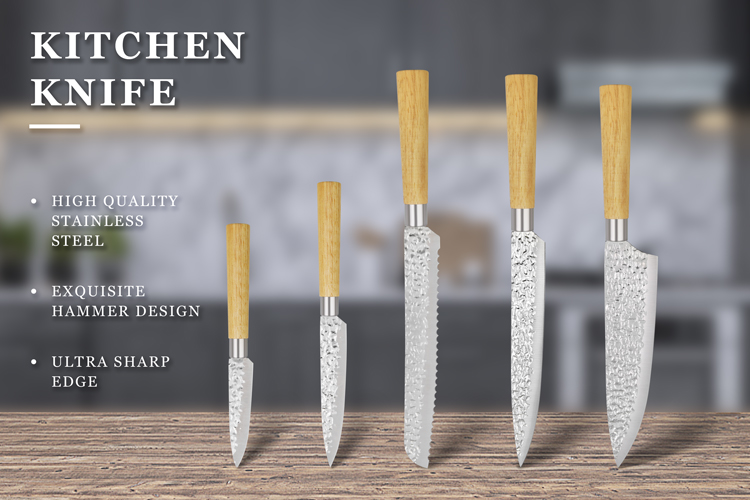 Hammer Pattern Forged Kitchen Knife Set with Rubber Wood Handle | Custom Chef Knife Stainless Steel