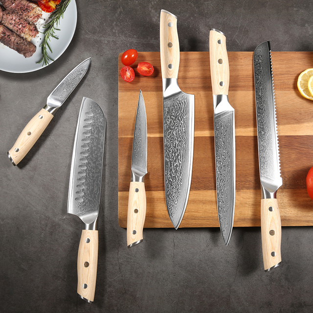 Sada 6 prémiových kuchyňských nožů Pakka dřevěné rukojeti 67vrstvé čepele z damaškové nerezové oceli Bezkonkurenční ostrost a odolnost