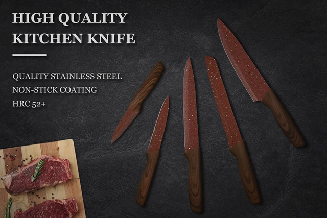 مجموعة سكاكين المطبخ المصنوعة من الفولاذ المقاوم للصدأ والمطلية بطبقة غير لاصقة مكونة من 6 قطع مع حامل أكريليك