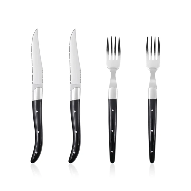 Restauracyjny 4-częściowy zestaw noży i widelców do steków ze stali nierdzewnej z akrylową rączką. Kuchenne narzędzia obiadowe