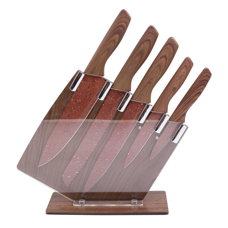 6-Piece Non-Stick Coating Stainless Steel Kitchen Chef Knife Block Set with Acrylic Stand