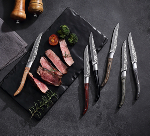 6-Color Hammered Finish Serrated Steak Knives with Wooden Handles