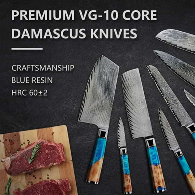 Japansk kjøkkenknivsett i Damaskus-stål med harpikshåndtak - eksklusivt utstyr, 8 stykker, 67 lag