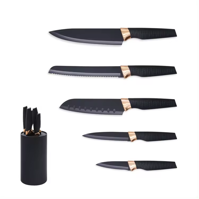 5-delni komplet kuhinjskih nožev iz visokoogljičnega nerjavečega jekla s črno prevleko proti prijemanju in univerzalnim blokom nožev