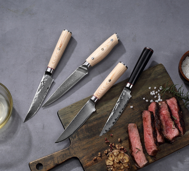 Damascus Steel Steak Knife Set with Wooden Handles