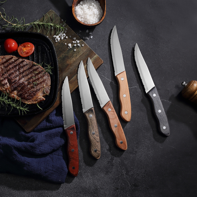 Custom Pakka Wood Handle Steak Knife Set |Low MOQ |Sandwich Blister Packaging |Calidum scelerisque