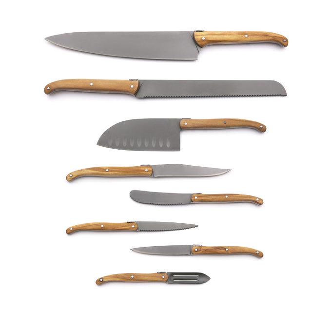 Sada kuchyňských nožů s rukojetí z olivového dřeva tmavě šedé barvy Pvd