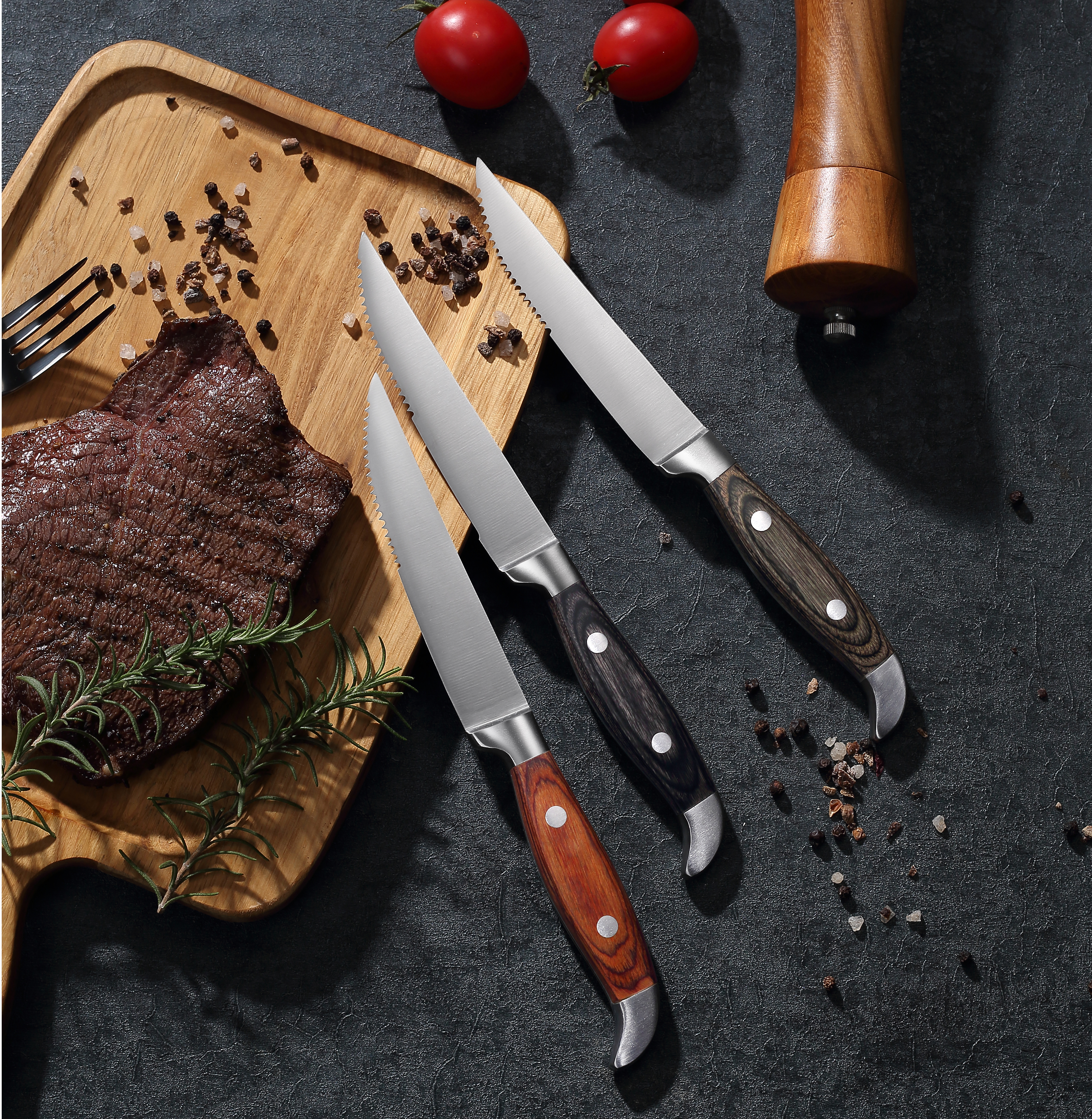 سكاكين شرائح اللحم نصف مسننة بمقبض خشبي - أدوات مائدة متينة ومريحة وأنيقة