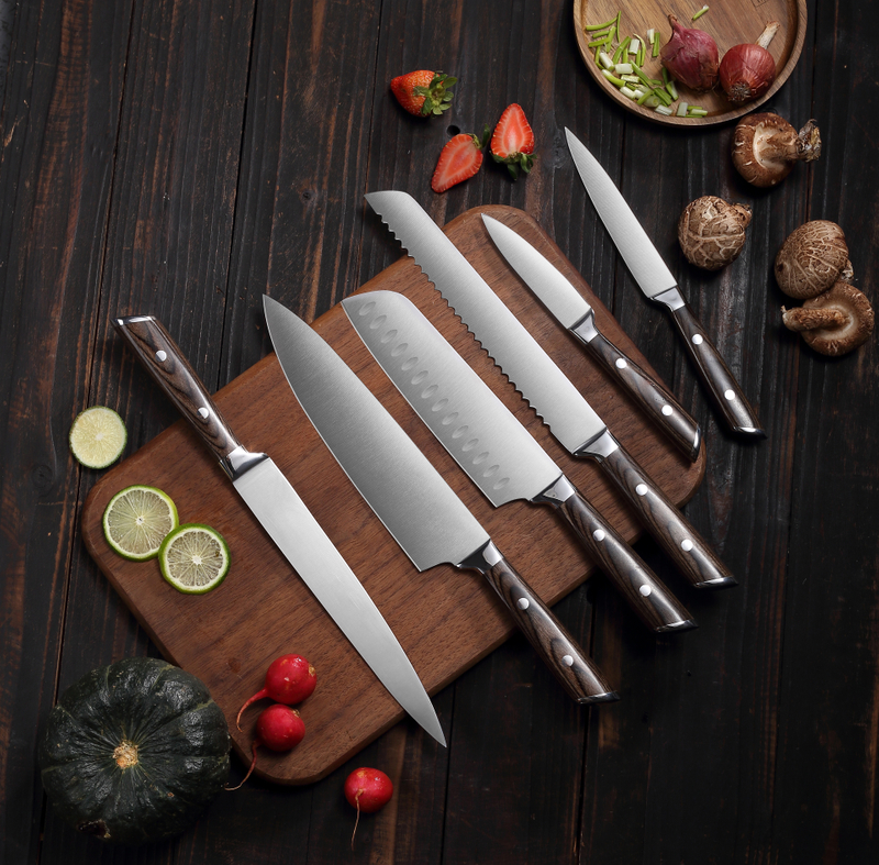 6-Piece 3Cr13 Stainless Steel Kitchen Knife Set - Pakka Wood Handle with Steel Bolster