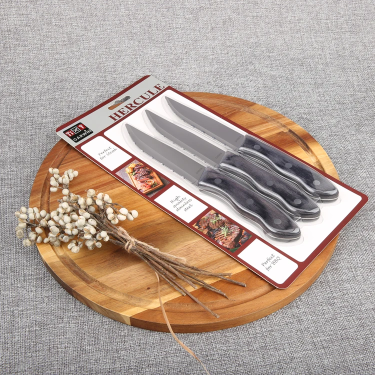 Ensemble de couteaux à steak à manche en bois Pakka personnalisé |Faible quantité de commande |Emballage sous blister pour sandwichs |Vente chaude