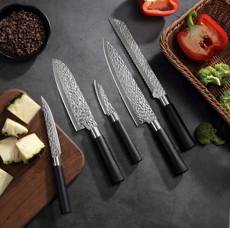 5-Piece Hammered Kitchen Knife Set - Black PP Handle Stainless Steel Blades