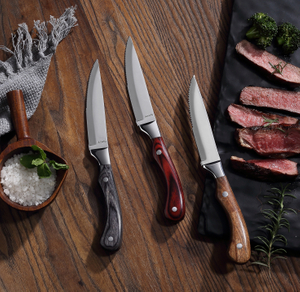 पक्का लकड़ी के हैंडल के साथ प्रतिस्पर्धी कीमत वाला डबल-रिवेटिड वन-पीस कटिंग धारदार स्टेक चाकू
