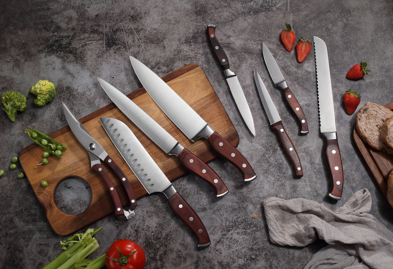 Set di coltelli da chef in acciaio inossidabile a 8 pezzi con manici in legno a colori-collezione di coltelli da cucina premium per uso domestico e professionale