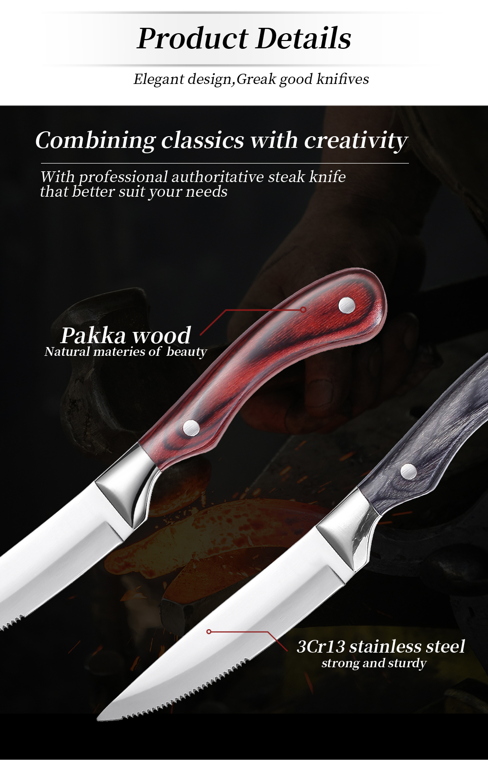 Competitive Price Double-Riveted One-Piece Cutting Sharpened Steak Knife with Pakka Wood Handle