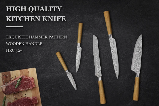 Set di coltelli da cucina forgiati con motivo a martello con manico in legno di gomma |Coltello da chef personalizzato in acciaio inossidabile