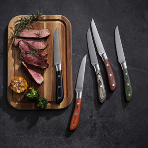 5 színválaszték, fogazott steak kés környezetbarát fa nyéllel a könnyű vágáshoz