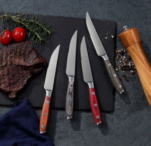 Elegantes cuchillos ergonómicos para carne|Venta de madera, hojas semidentadas para cortes de precisión