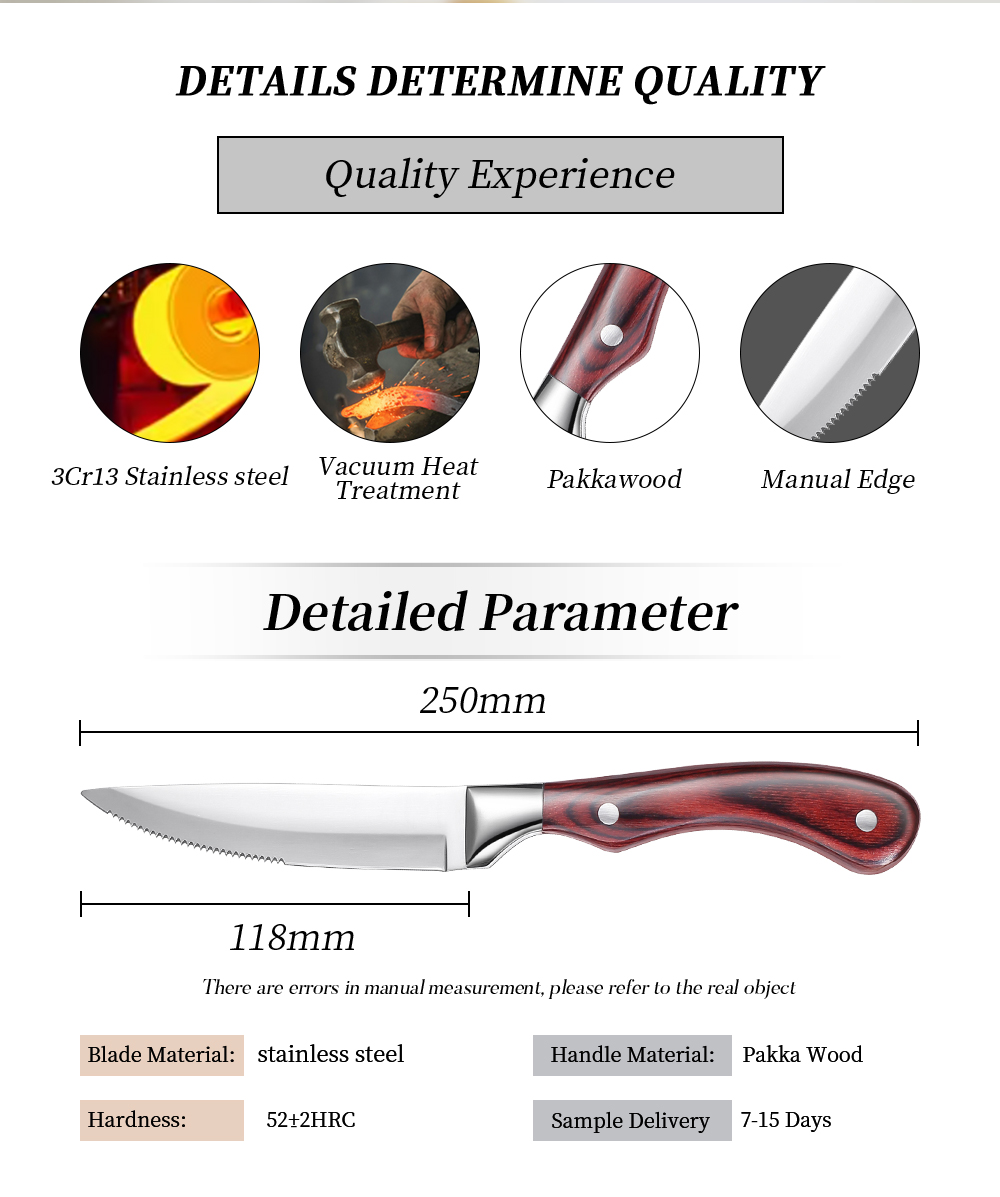 Competitive Price Double-Riveted One-Piece Cutting Sharpened Steak Knife with Pakka Wood Handle